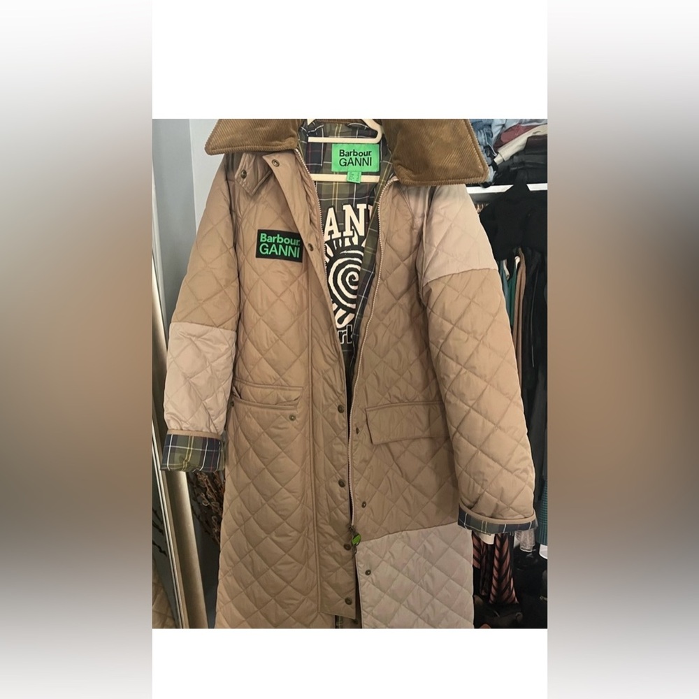 Barbour GANNI Plaid Jacket with Green Brand Label